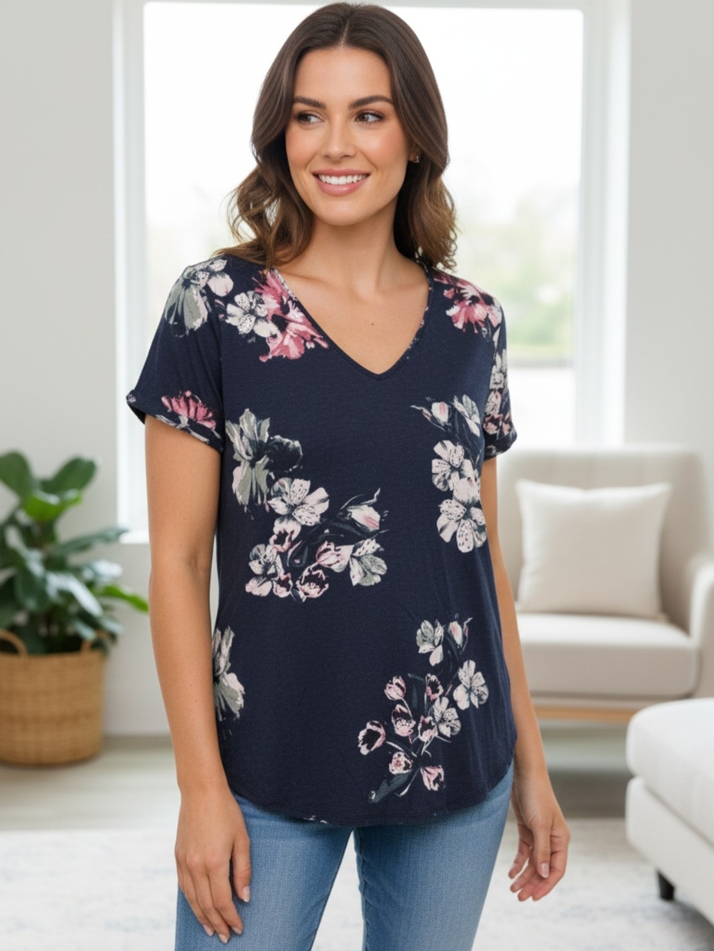 Dynamite Navy Floral V-Neck Short Sleeve Top
